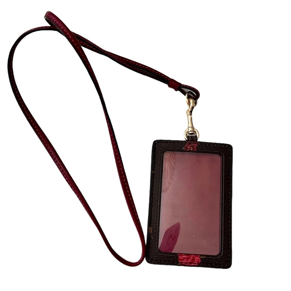 Coach Id Lanyard In Coated Floral Canvas with Burgundy Smooth Leather Tr…